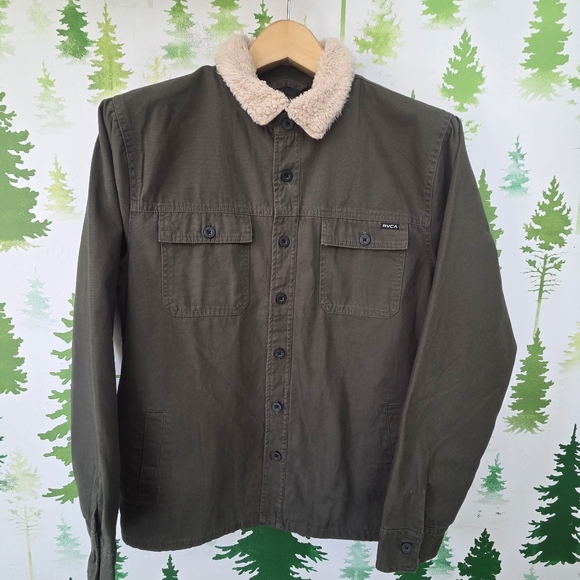 Men's Olive Green Jacket with Faux Shearling Collar
